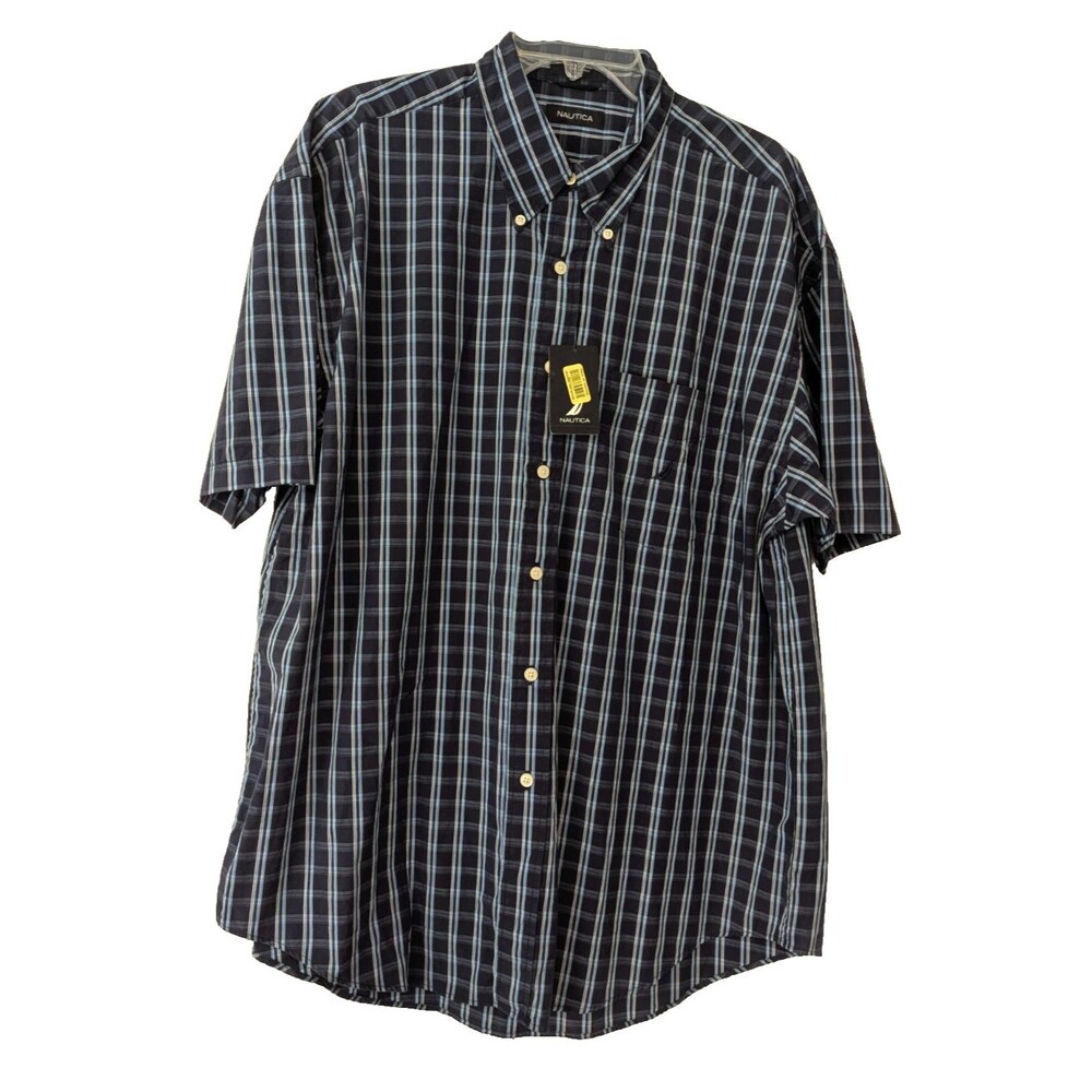 Nautica Men XL Blue White Plaid Button Down Short Sleeve Navtech Classic NWT - Picture 9 of 11
